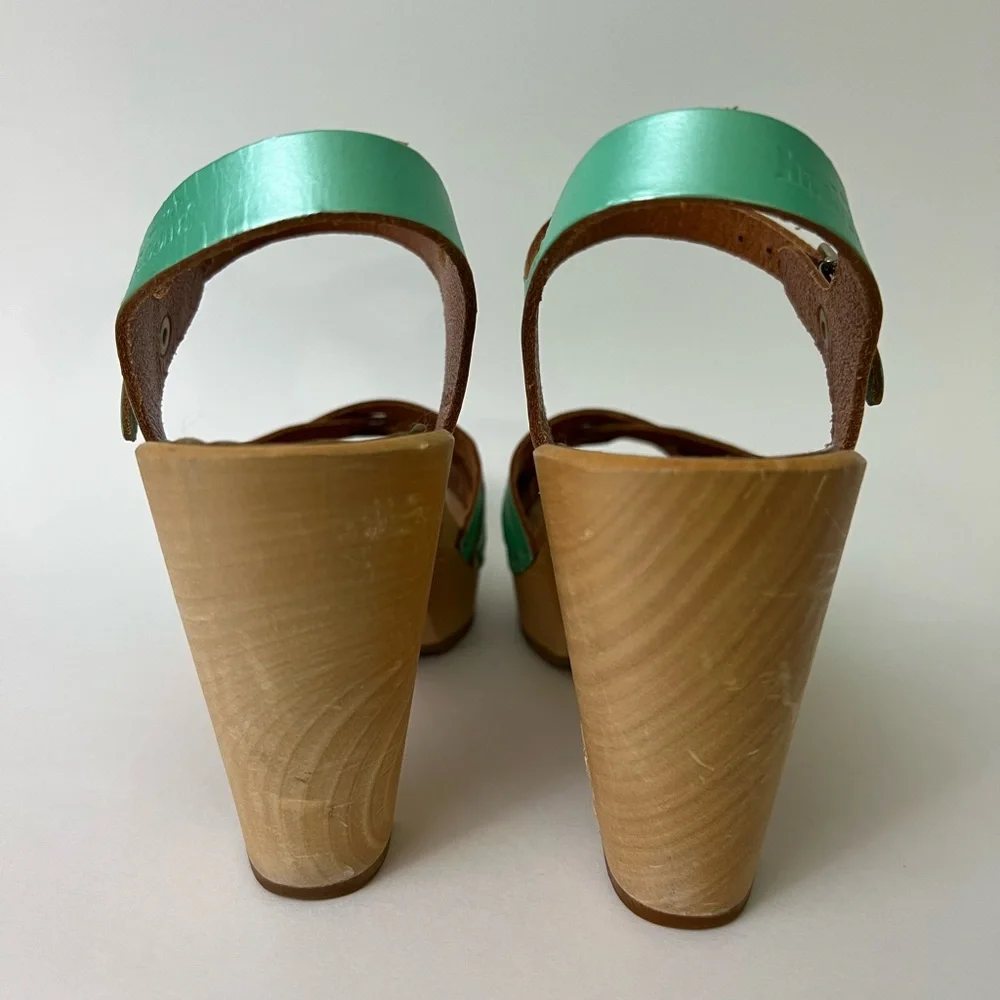 Swedish Hasbeens Mint Green Leather Platform Sandals